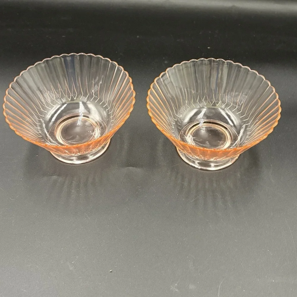 Pink Depression Glass Petal Ware Fruit Cup Ribbed Scalloped‎ Set Of 2 Small